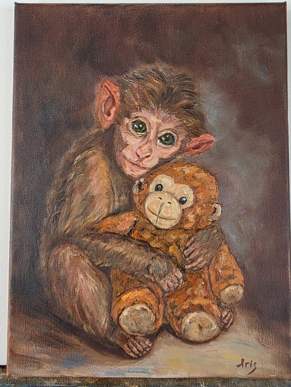 Abstract oil Painting cute Monkey Punch With A Toy